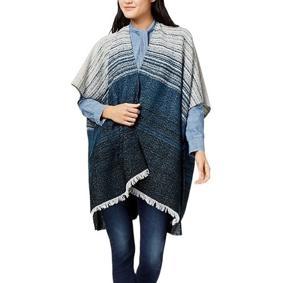 Lucky Brand Striped Kimono Poncho Sweater Wrap Ombre Open Front Fringe Hem Boho - Picture 1 of 14